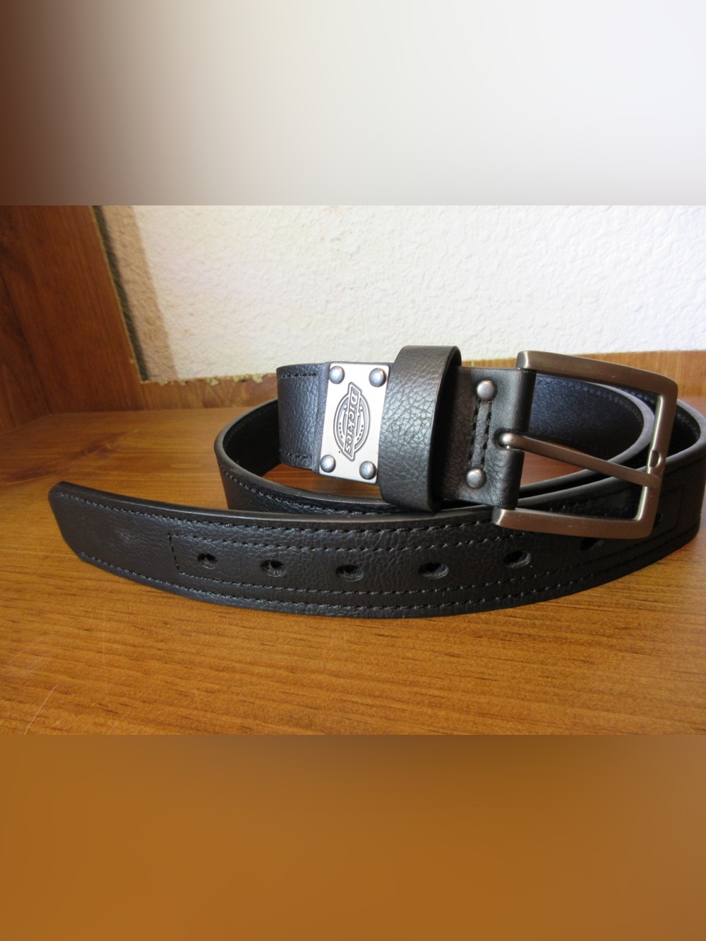 Dickies Black Men's Leather Belt with Branded Metal Plate